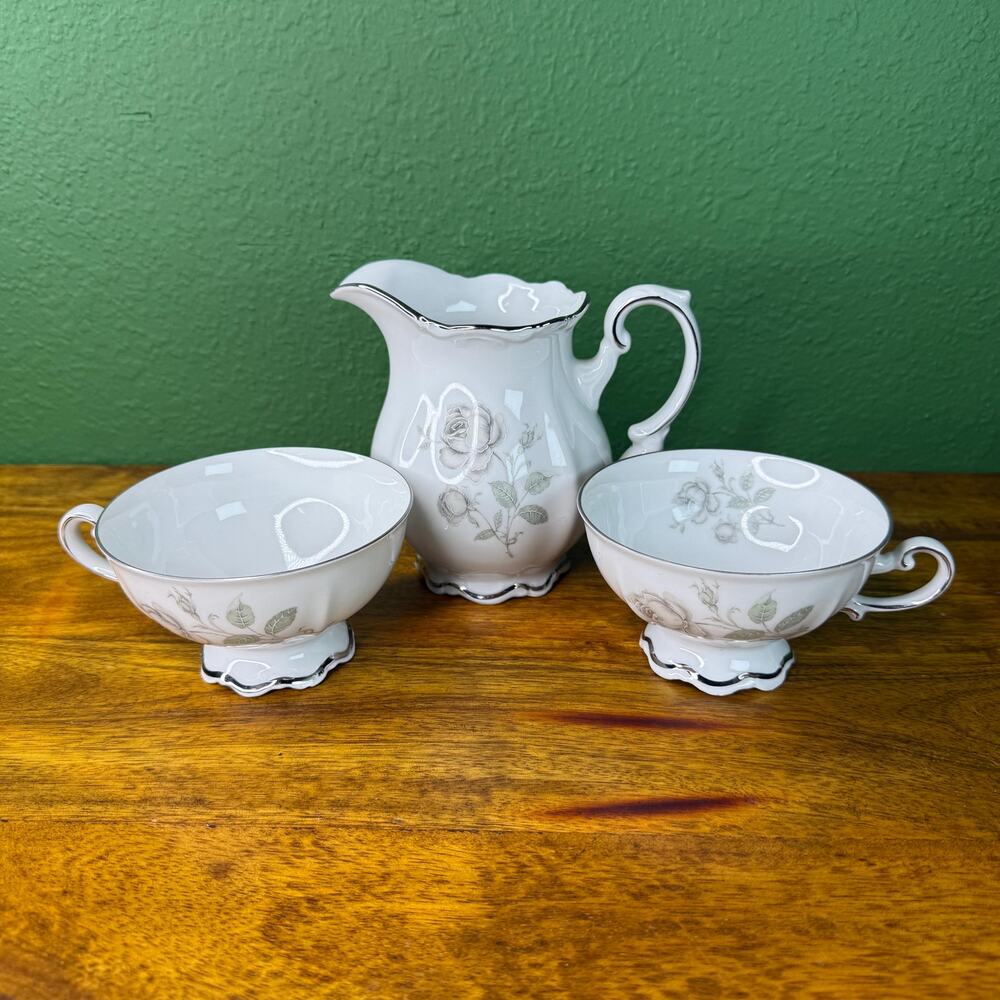 Vintage Mitterteich Mystic Rose Porcelain Tea Cup Set with Creamer